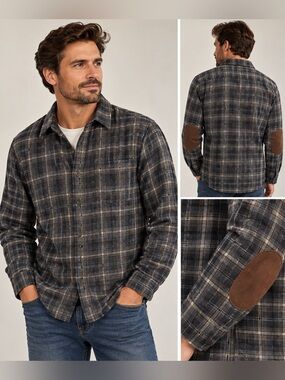 Outdoor Life Slim Fit Gray Bown Men's Elbow Patch Plaid Long Sleeves Top Size XL